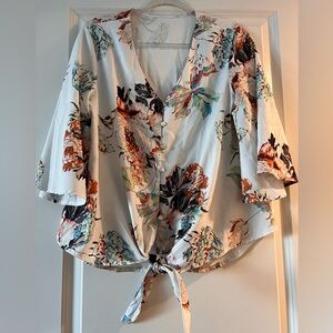 Floral Butterfly-Sleeve Button-Up Blouse